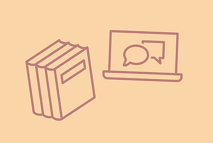 An image with graphic elements, a book, and a computer