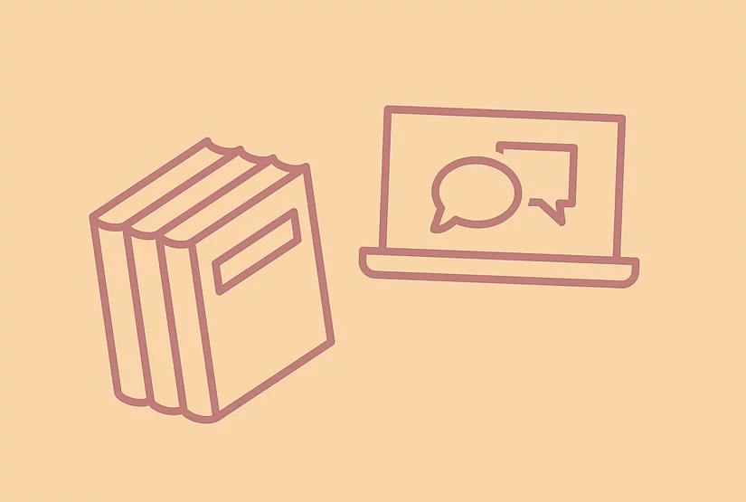 An image with graphic elements, a book, and a computer