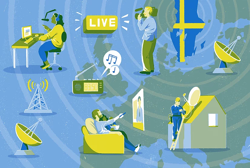 Map of Europe, with focus on Sweden. Various graphic elements in the image representing public service media