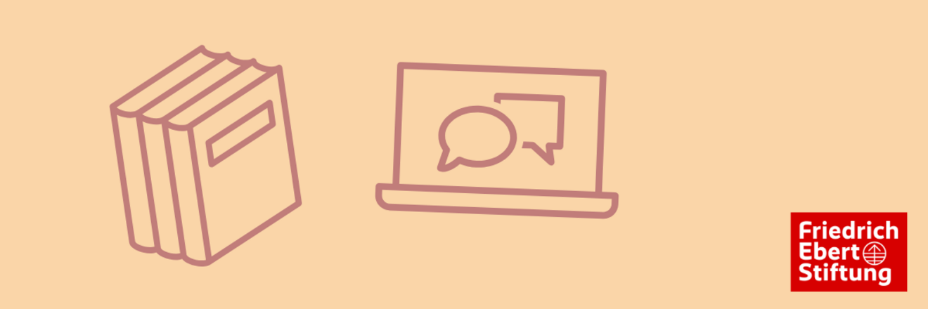 An image with graphic elements, a book, and a computer